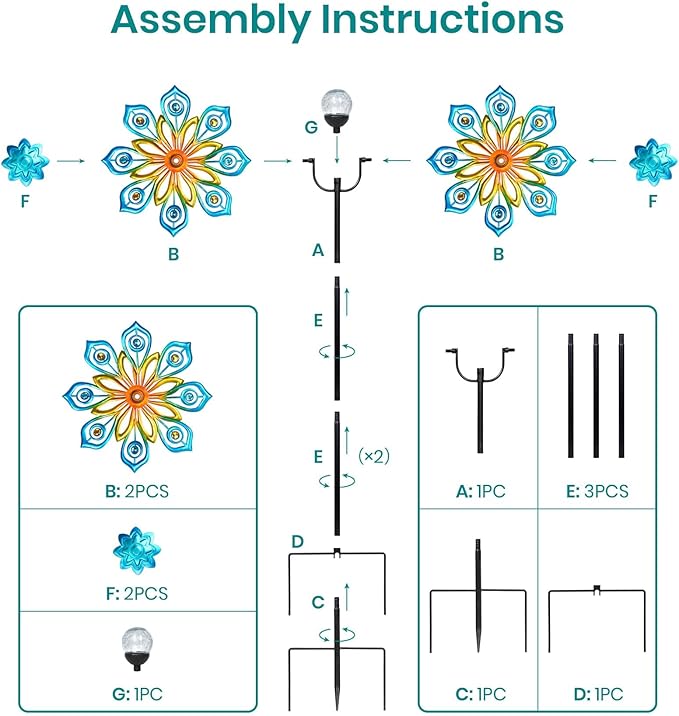 Solar Wind Spinners Outdoor, 63x13 Inch Double Layer Metal Wind Spinner with Crackle Glass Ball, Built-in Solar Panel, Peacock Feather Kinetic Yard Art with LED Light for Garden Decor