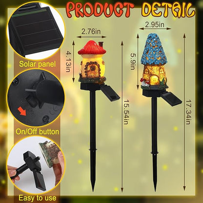 Rossesay 2 Pack Fairy Outdoor Garden Fairy House Mushroom Solar Light Home Statue LED Light for Spring Outside Garden Lawn Walkway Patio Yard Backyard Plant Decoration