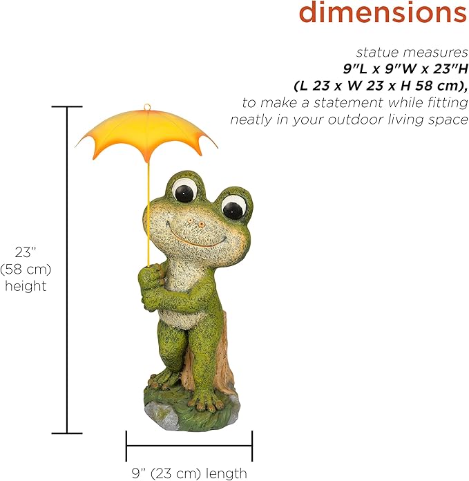 Alpine Corporation QWR1004 Indoor/Outdoor Smiling Frog with Yellow Umbrella Garden Statue, Playful Frog Statue, 23" H, Green