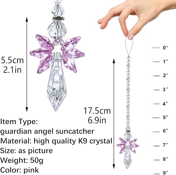 Rainbow Guardian Angel Crystal Suncatcher for Home/Car Decoration & Porch Decor & Hangings Crystal Glass Ornament for Mom Women (Pink)