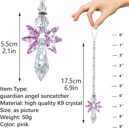 Rainbow Guardian Angel Crystal Suncatcher for Home/Car Decoration & Porch Decor & Hangings Crystal Glass Ornament for Mom Women (Pink)