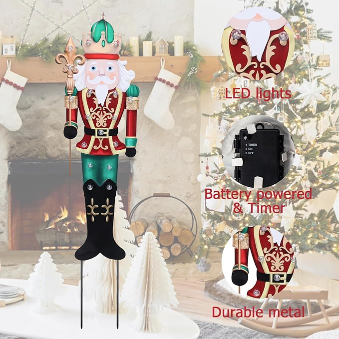 Christmas Yard Stakes Lighted Up Metal Christmas Yard Decorations LED King Nutcracker with Crown Scepter Lighted Stakes Outdoor Xmas Stake Lawn Pathway Outdoor Decoration