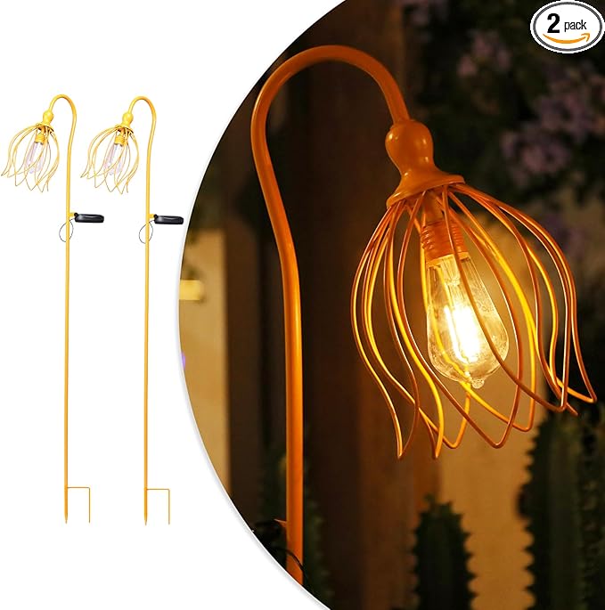 Solar Lights Outdoor Decorative Solar Wire Metal Flower Yard Stake Decorative Path Light for Walkway Pathway Lawn Patio Yard Decorations Yellow 2 Pack