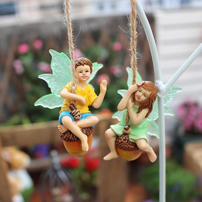 2PCS Hanging Fairies Garden Statue Decoration Boy & Girl Figurines Sitting on an Acorn with Luminous Wings Resin Micro Landscape Ornaments for Outdoor Farmhouse Patio Yard Tree Decor (D)
