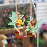 2PCS Hanging Fairies Garden Statue Decoration Boy & Girl Figurines Sitting on an Acorn with Luminous Wings Resin Micro Landscape Ornaments for Outdoor Farmhouse Patio Yard Tree Decor (D)