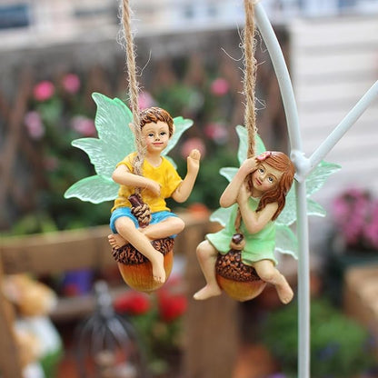 2PCS Hanging Fairies Garden Statue Decoration Boy & Girl Figurines Sitting on an Acorn with Luminous Wings Resin Micro Landscape Ornaments for Outdoor Farmhouse Patio Yard Tree Decor (D)