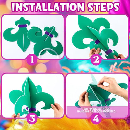 Thyle 6 Pcs Large Mardi Gras Decorations Outdoor 12.6"x12.6" Mardi Gras Hanging Ornaments Yard Fleur De Lis Sign Double Sided Gold Green Purple Porch Sign for Front Door Home Masquerade Party Decor