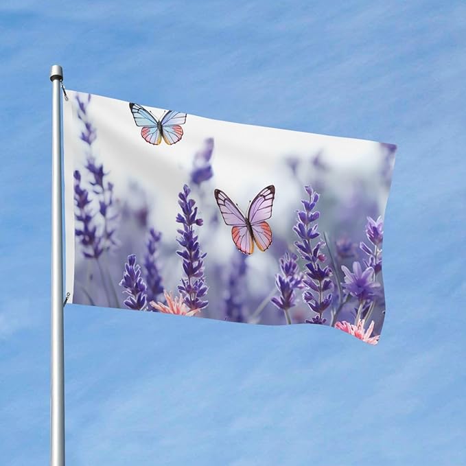 Lavender Flower Background with Butterflies Flag 3x5 Ft Outdoor Flags Double Sided Garden Flag Funny Outside Yard Flag Party Banner for Wall Art Hanging Poster Indoor Outdoor Decoration