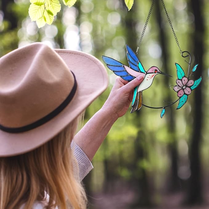 Hummingbird Stained Glass Window Hanging, Humming Bird Style, Sun Catchers Indoor Panel, Nautical Suncatcher Decor for Home, Wall, Garden, Coastal Ornament, Gift for Women and Mom