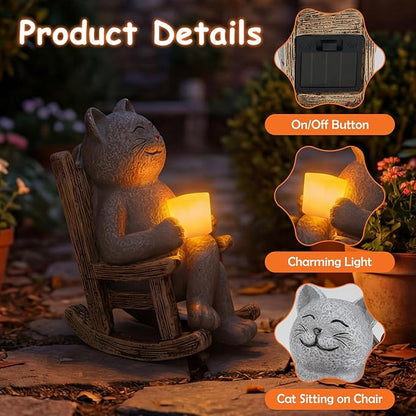 Lyeasw Cat Solar Garden Statues - Outdoor Decor for Patio, Lawn, Yard, Porch- Miniature Cute Cat Outdoor Figurine with LED Lights - Housewarming Birthday for Women, Mom, Cat Lovers