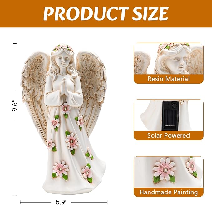 Angel Statue for Garden - 9.65 inches Guardian Solar Outdoor Statue, Praying Anel Statues Gardening Gifts for Mom Grandma Lawn Ornaments Figurines for Outdoor Decor