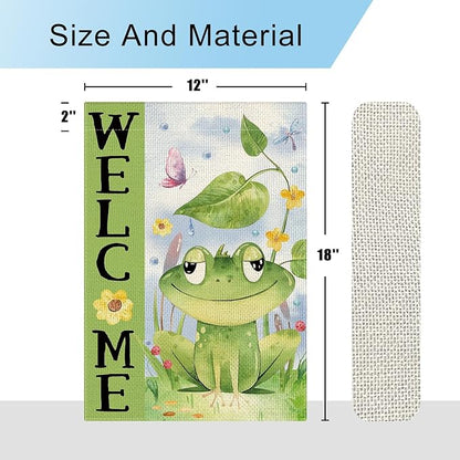 DLZDN Spring Summer Frog Garden Flag 12×18 Inch Double Sided Vertical Burlap Farmhouse Welcome Yard Flag Seasonal Outdoor Decor