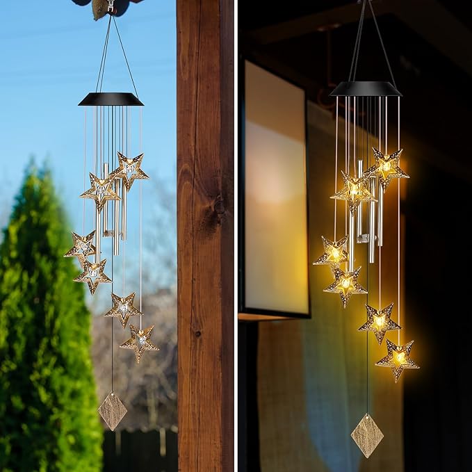 Colingmill Solar Wind Chimes for Outside Waterproof Hanging Wind Chimes Lights Outdoor Decor Yard Garden Gifts for Mother Mom Grandma Wife Neighbors(Star,Warm Colored Lights)