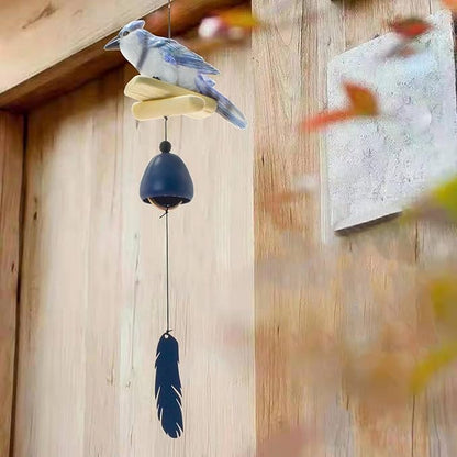 MrMrKura Bird Wind Chimes, Metal Wind Bell Pendent for Outside Hanging Wind Chime with Feather Ornament for Bless Garden Backyard Home Decor (Blue)