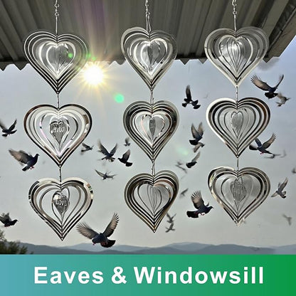 Shiny Metal Bird Reflectors Wind Spinners 360° Wind-Spinning Quiet Reflective Bird Deterrent Decor for Small Yard Orchard Bird-Prone Areas (Heart-Shaped/Silver / 9 Pcs / 3 Set)