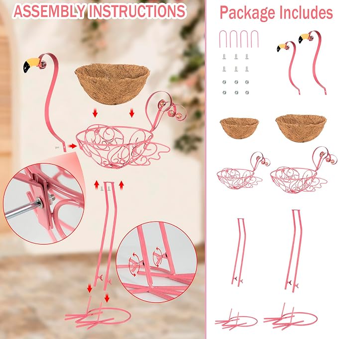 Set of 2 Pink Flamingo Outdoor Planters with Basket, Metal Flamingo Planter for Indoor Outdoor Garden Yard Decor (Flamingo-Planter)