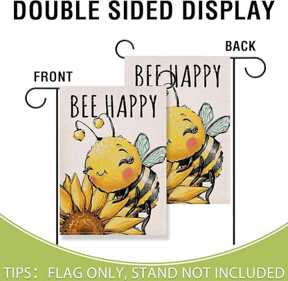Artofy Spring Summer Bumble Bee Sunflower Small Decorative Garden Flag, Bee Happy Flower Floral Yard Lawn Outside Decor, Honeybee Seasonal Burlap Outdoor Home Decoration Double Sided 12 x 18