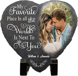 Nazenti Custom Photo My Favorite Place In All The World Is Next To You, Couple Personalized Heart Shaped Stone With Stand, Gift For Husband Wife Anniversary