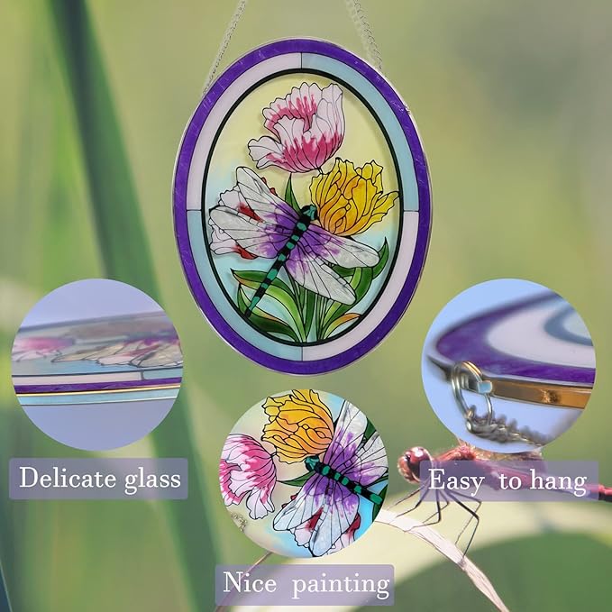Stained Glass Window Hanging Dragonfly Suncatchers 10 Inch Glass Panel Sun Catchers Window Valentine Wall Art, Stained Glass Dragonfly Light Catchers for Windows Glass Valentine Gift