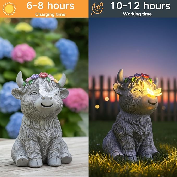 Solar Highland Cow Garden Statue with Glowing Butterfly, Outdoor Highland Cow Decorations for Patio Yard Lawn Ornaments, Gifts for Mom/Grandma Birthday Housewarming