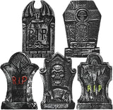 LUKBERA 5Pcs 17" Halloween Foam Tombstones, RIP Graveyard Tombstones with Bonus Metal Stakes Decorations for Halloween Lawn Yard Outdoor, Haunted House Decor