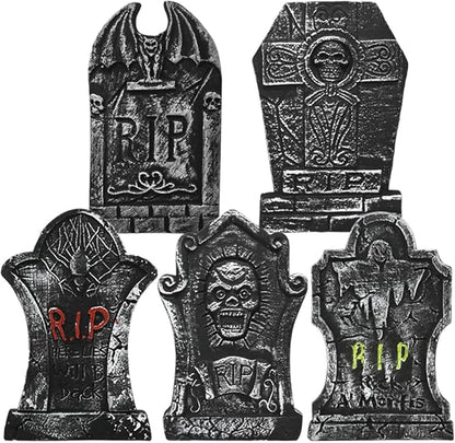 LUKBERA 5Pcs 17" Halloween Foam Tombstones, RIP Graveyard Tombstones with Bonus Metal Stakes Decorations for Halloween Lawn Yard Outdoor, Haunted House Decor