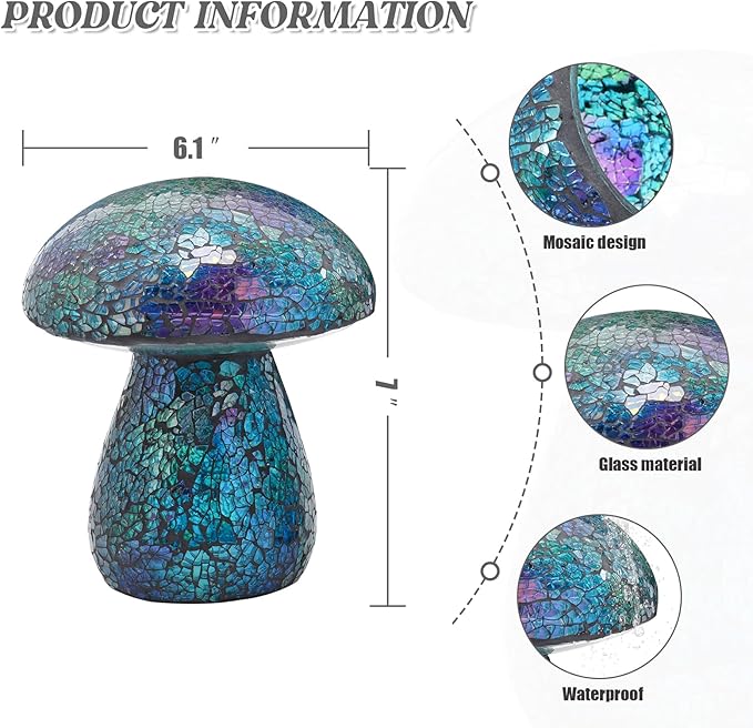 Bshine Mushroom Garden Statue Decoration, Mosaic Mushroom Sculptures Home Decor, Outdoor Waterproof Handmade Glass for Yard, Path, Lawn Ornaments and Indoor Decor, Blue
