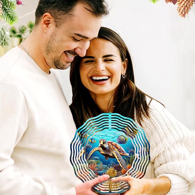 3D Sea Turtle Wind Spinner 10 Inch Ocean Theme Metal Art Stainless Steel Kinetic Art Hanging Spinner for Indoor and Outdoor Garden Decoration