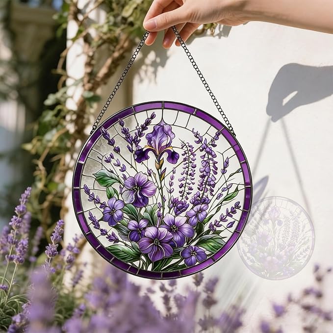 Lavender Flower Suncatchers Stained Glass Window Hanging, Flower Sun Catchers Indoor Window Glass Round Wall Decor, Christmas, Mother's Day, Birthday Gifts for Mom Grandma Women Wife Lovers