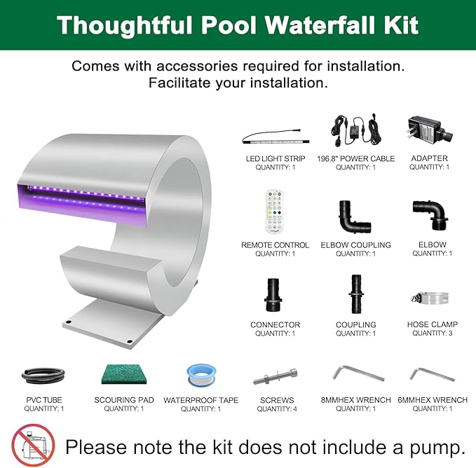LONGRUN J-Shaped Waterfall Spillway Stainless Steel Swimming Pool Fountain, RF & APP Controled LED Light Outdoor Pond Waterfalls Kit for Garden Patio Swimming Pool Koi Ponds Decoration -13.6" Height