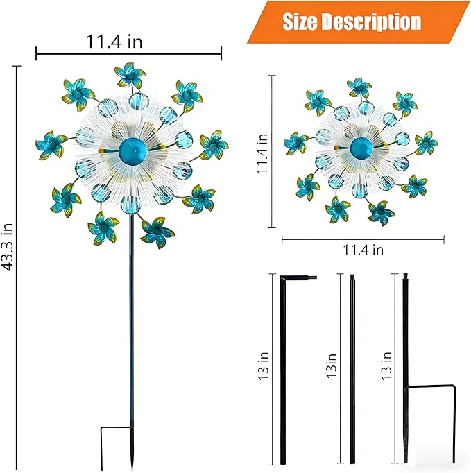 46" Flower Solar Wind Spinners Led Garden Wind Spinner, Sapphire Kinetic Windmill Wind Spinner Outdoor Decor, Solar Wind Sculpture Yard Art for Patio, Lawn & Garden