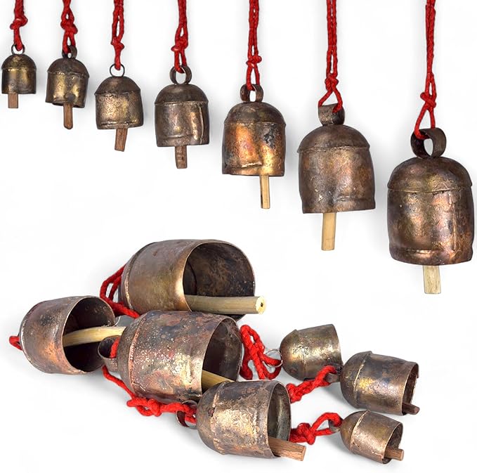 Handmade Rustic Bells Wind Chimes for Outside 7 Hanging Bells on Rope, Brass-Coated Iron Bells for Door, Outdoor Patio, Farmhouse Decor, Christmas Ornaments, Boho Hanging Bell, Vintage Wind Bell 55"