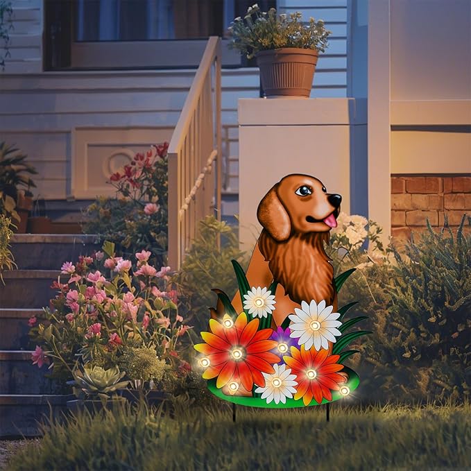 WONDER GARDEN Decorative Garden Stakes - Lighted Dog and Flower Yard Sign Stakes Spring Signs for Outdoor, Porch, Yard,Flower Bed Decor