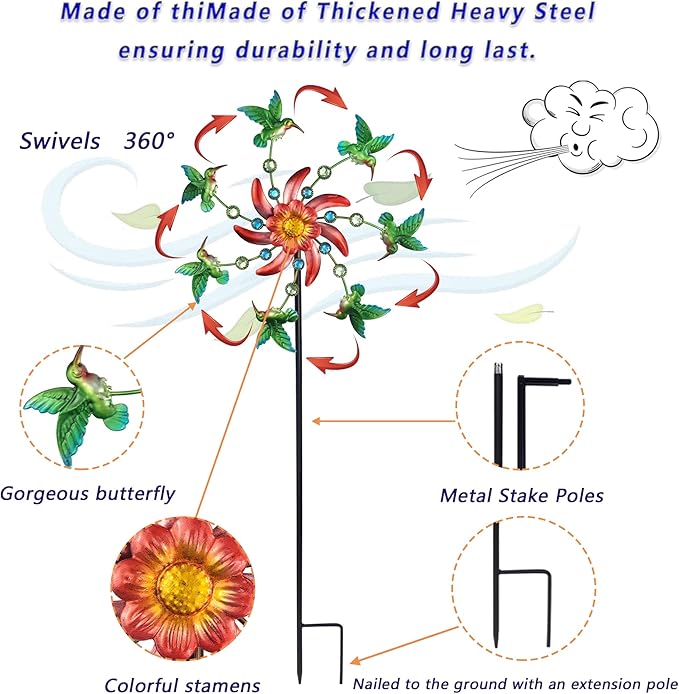 COOZZYHOUR 39" Hummingbird Wind Spinner for Yard and Garden Stake,Outdoor Metal Windmill Single Direction Wind Sculptures Kinetic Windmills for Yard Garden Decorations