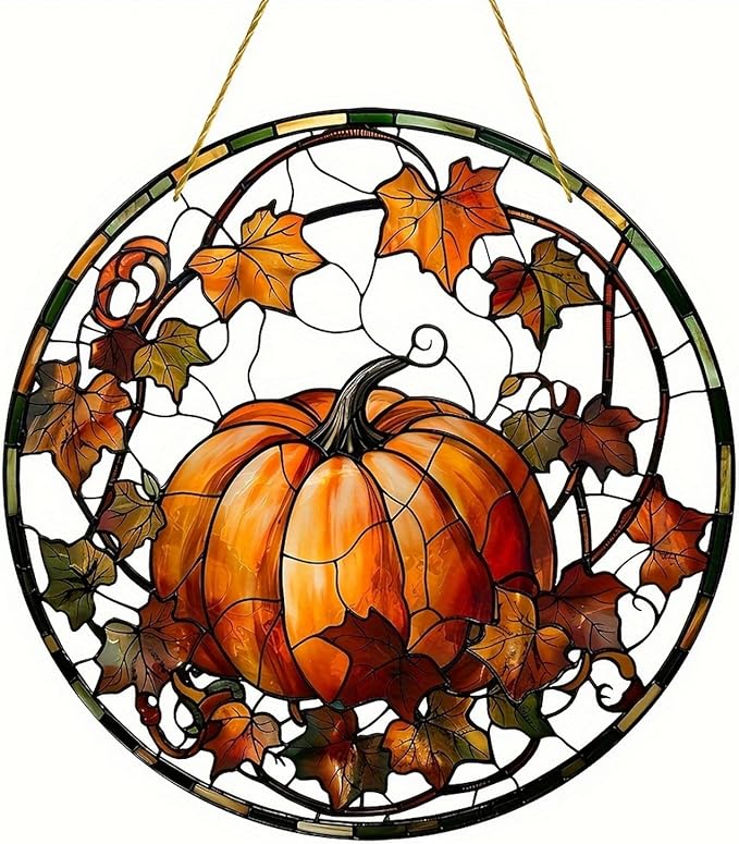 Halloween Suncatcher for Window Hanging Pumpkin Maple Leaves Designs Fall Acrylic Sun Catchers Horror Round Ornament Glass Decoration for Thanksgiving Garden Home Party Supplies 7.87inch