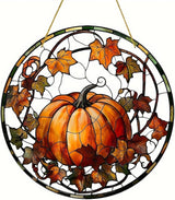 Halloween Suncatcher for Window Hanging Pumpkin Maple Leaves Designs Fall Acrylic Sun Catchers Horror Round Ornament Glass Decoration for Thanksgiving Garden Home Party Supplies 7.87inch