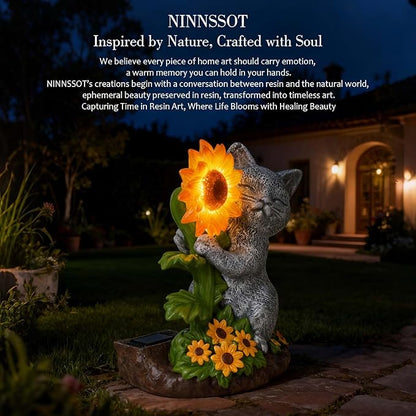 Solar Garden Decor Cat Statue with Sunflower Light, Outdoor Ornaments for Home Patio Yard Balcony Lawn, Birthday Gifts for Cat Lovers Women, Mom, Grandma