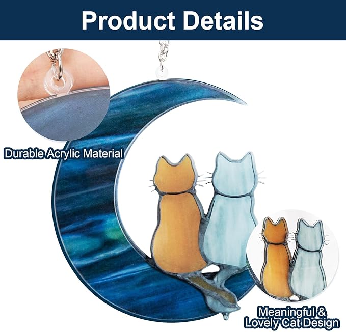 Blue Moon Cat Window Decoration Hanging, Alloy Stained Painting, Acrylic Moon Wall Decor for Courtyard, Gift for Pet Animal Enthusiasts