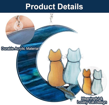 Blue Moon Cat Window Decoration Hanging, Alloy Stained Painting, Acrylic Moon Wall Decor for Courtyard, Gift for Pet Animal Enthusiasts