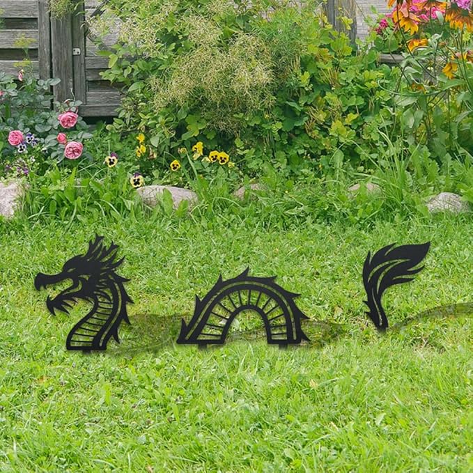 WADORN 3 Styles Dragon Metal Decorative Garden Stakes, Funny Chinese Dragon Metal Silhouette Statues Animals Garden Ornament Gifts Black Yard Art Decoration for Outdoor Backyard Patio Lawn Walkways
