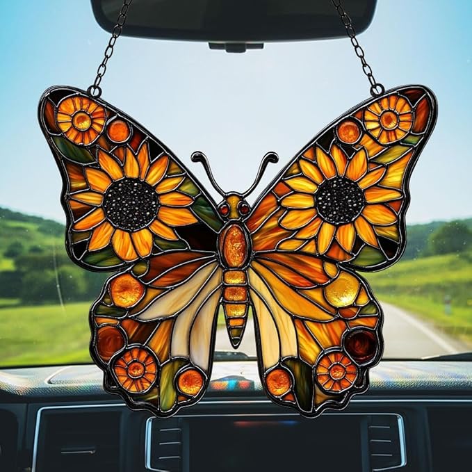 Sunflower Monarch Butterfly Acrylic Suncatcher Stained Glass Effect Window Car Hanging Christmas Ornament Indoor Outdoor Decor Garden Sun Catcher Panel for Butterfly Lover for Women Mom Grandma