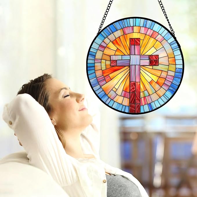 DASTOLL Christian Gifts for Women - Cross Stained Glass Window Hanging Easter Colorful Gradient Sun Catcher Garden Religion Decor Mother's Day Catholic Gift for Men Grandma Mom Nana Her 15"