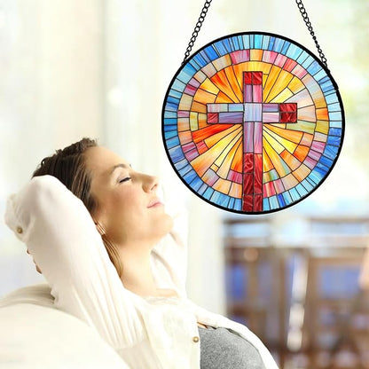 DASTOLL Christian Gifts for Women - Cross Stained Glass Window Hanging Easter Colorful Gradient Sun Catcher Garden Religion Decor Mother's Day Catholic Gift for Men Grandma Mom Nana Her 9.8"