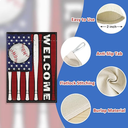 Welcome 4th of July Baseball Patriotic Decorative House Flag, America USA Red White Bat Garden Yard Outside Decoration, American Stars Burlap Outdoor Large Home Decor Double Sided 28 x 40