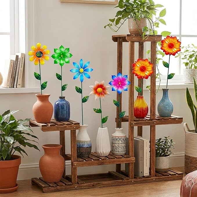 Garden Decor for Outside, 7 Pack Flower Garden Stakes Spring Outdoor Decor Metal Flower Stakes for Yard Porch Lawn Pathway Pot Decorations