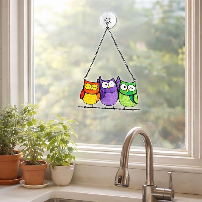 Owls Stained Glass Suncatcher, Handmade Colorful Window Hanging Sun Catcher Ornament for Home & Garden, Gift for Bird Lovers Mothers & Women