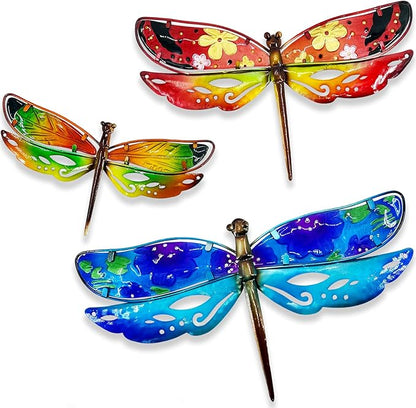 John's Studio Dragonfly Wall Decor Outdoor Metal Garden Hanging Art Glass Sculptures Home Insect Theme Decorations for Living Room, Bedroom Yard, Fence and Patio - 3 PCS