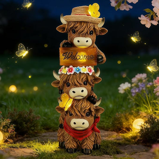 Glintoper Solar Garden Highland Cow Statue, 12" Outdoor Spring Decoration Lighted Triple Stacked Resin Cow Whimsical Yard Art, Birthday Mothers Day Ideal Gifts, for Summer Porch Pathway Patio Lawn