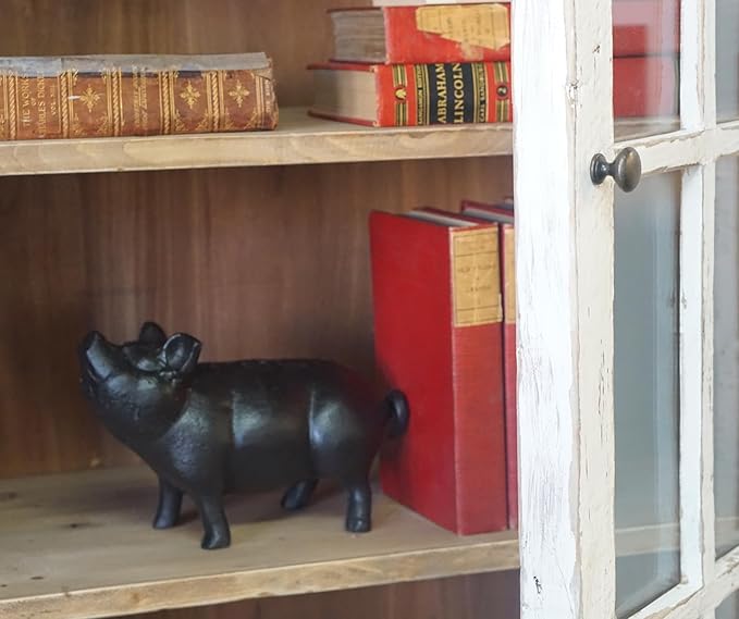 NACH Cast Iron Pig Statue - Black Door Stopper/Paperweight, Rustic Garden Decor, 9.2x3.7x5.9 Inch, Black Head Up Pig