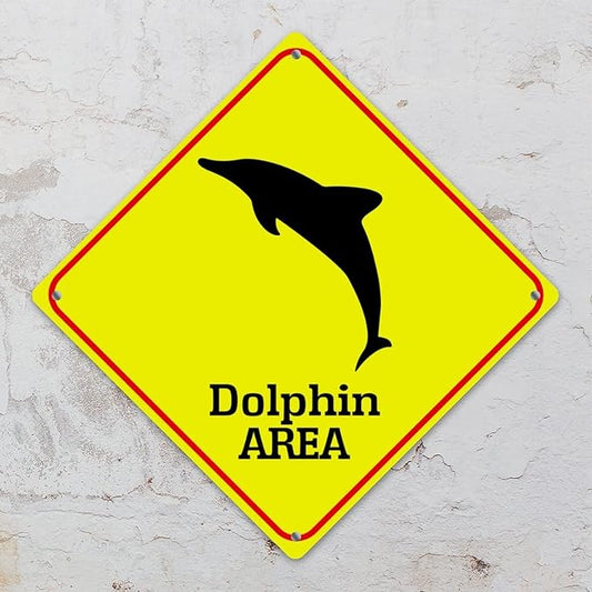 Warning Dolphin Area Aluminum Metal Sign Ocean Animal Caution Crossing Xing Street Sign Yellow Diamond Shape Funny Metal Sign For Indoor Outdoor Highway10x10in